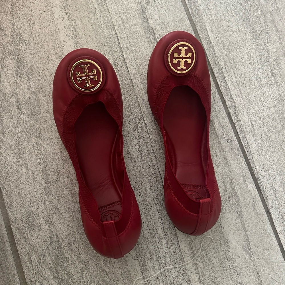 Tory Burch Deep Red Flats with Gold Logo